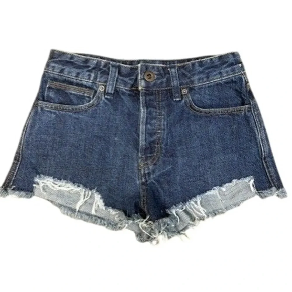 Free People Dark Wash Denim Cut Off Shorts‎ Raw Hem Distressed Size 25 Indigo